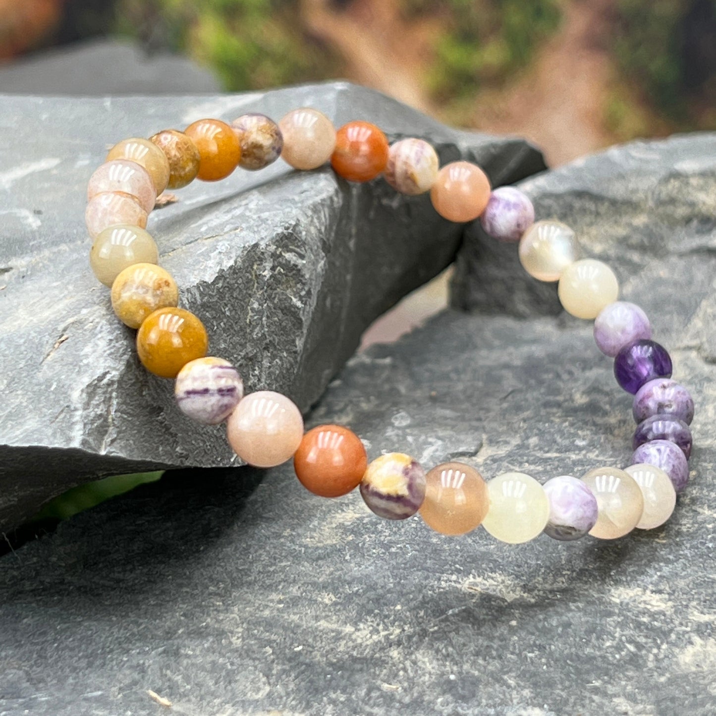 Prosperity, Passion & Protection - Sapphire, Aventurine, Fluorite and Moonstone Beaded Bracelet - Dainty Bohemian Style Stackable Jewelry