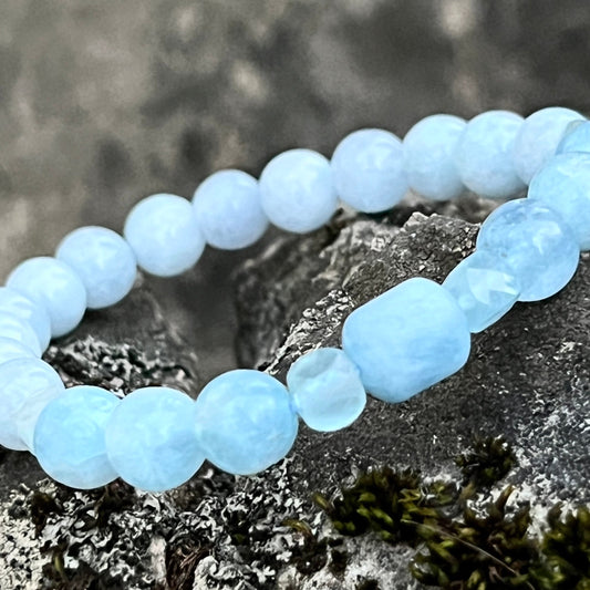 Aquamarine Trio Natural Gemstone Beaded Bracelet, Serenity + Communication, March Birthstone, Bohemian Style, Stackable