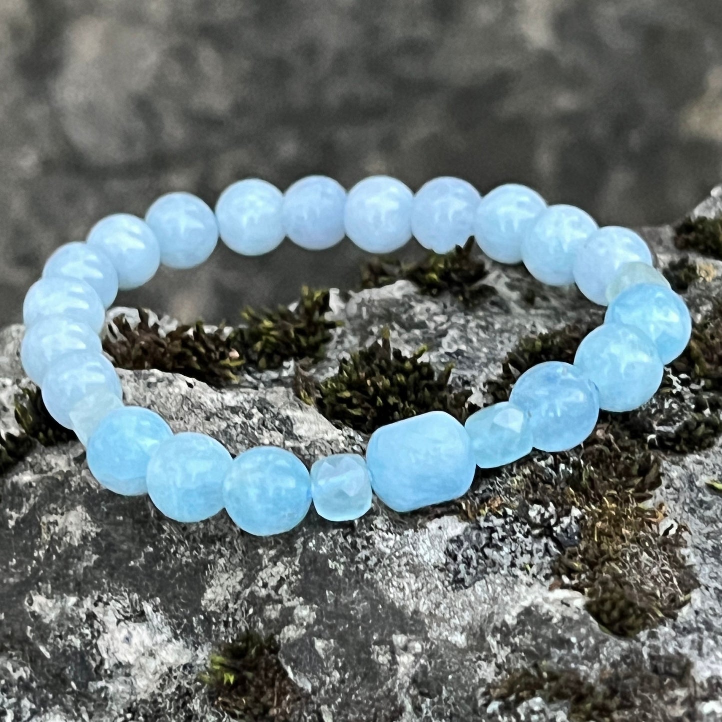 Aquamarine Trio Natural Gemstone Beaded Bracelet, Serenity + Communication, March Birthstone, Bohemian Style, Stackable