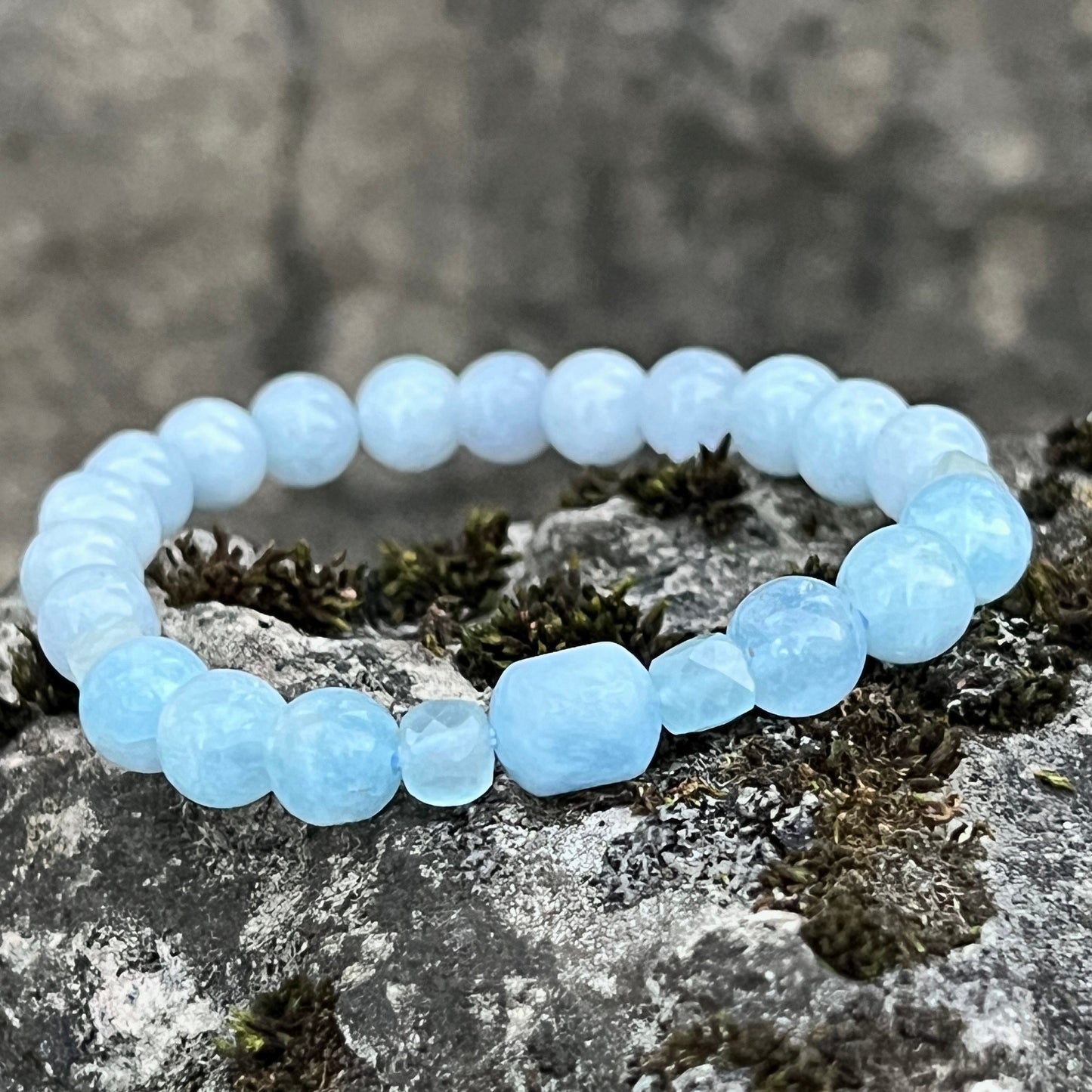 Aquamarine Trio Natural Gemstone Beaded Bracelet, Serenity + Communication, March Birthstone, Bohemian Style, Stackable