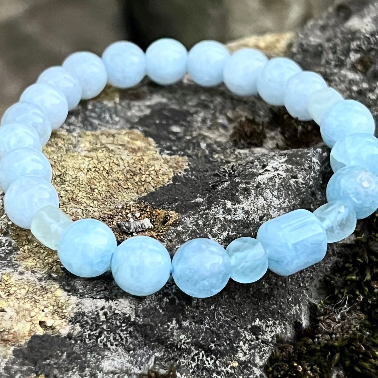 Aquamarine Trio Natural Gemstone Beaded Bracelet, Serenity + Communication, March Birthstone, Bohemian Style, Stackable