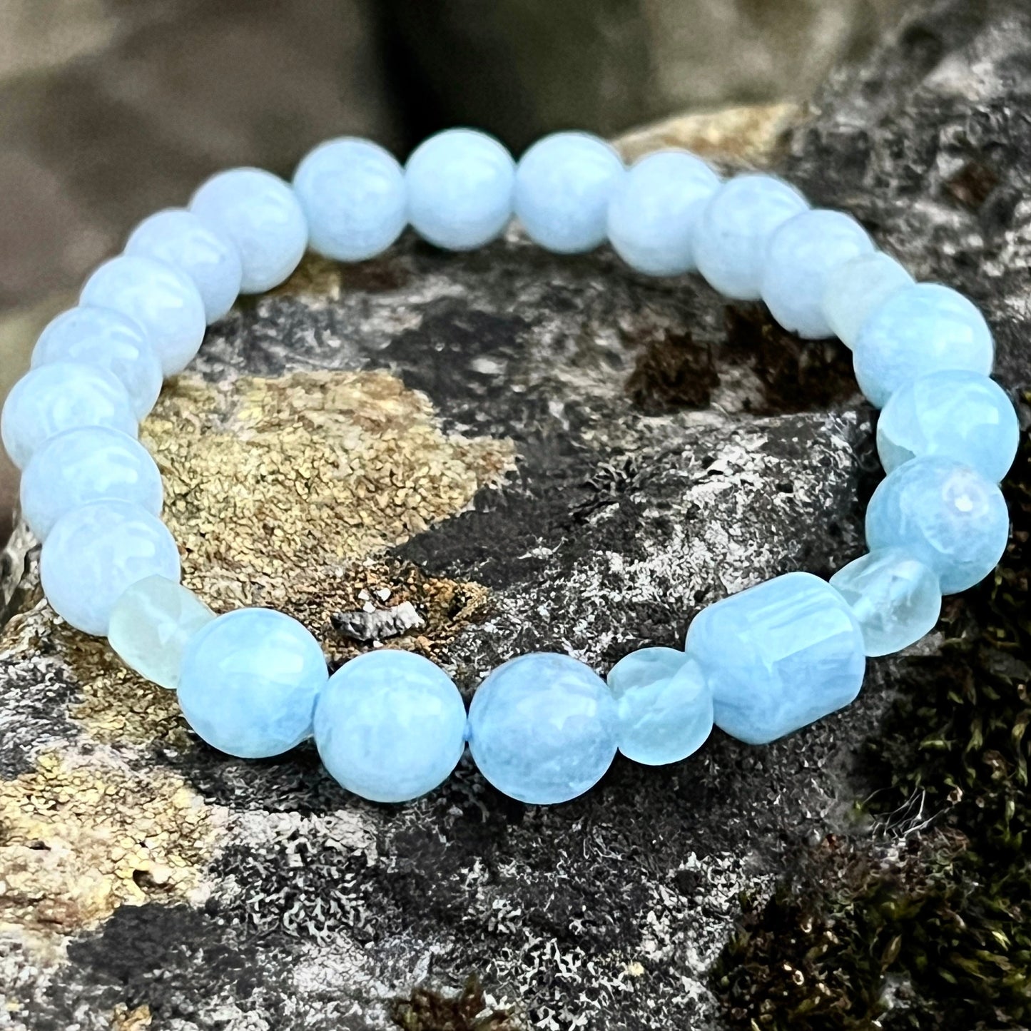 Aquamarine Trio Natural Gemstone Beaded Bracelet, Serenity + Communication, March Birthstone, Bohemian Style, Stackable