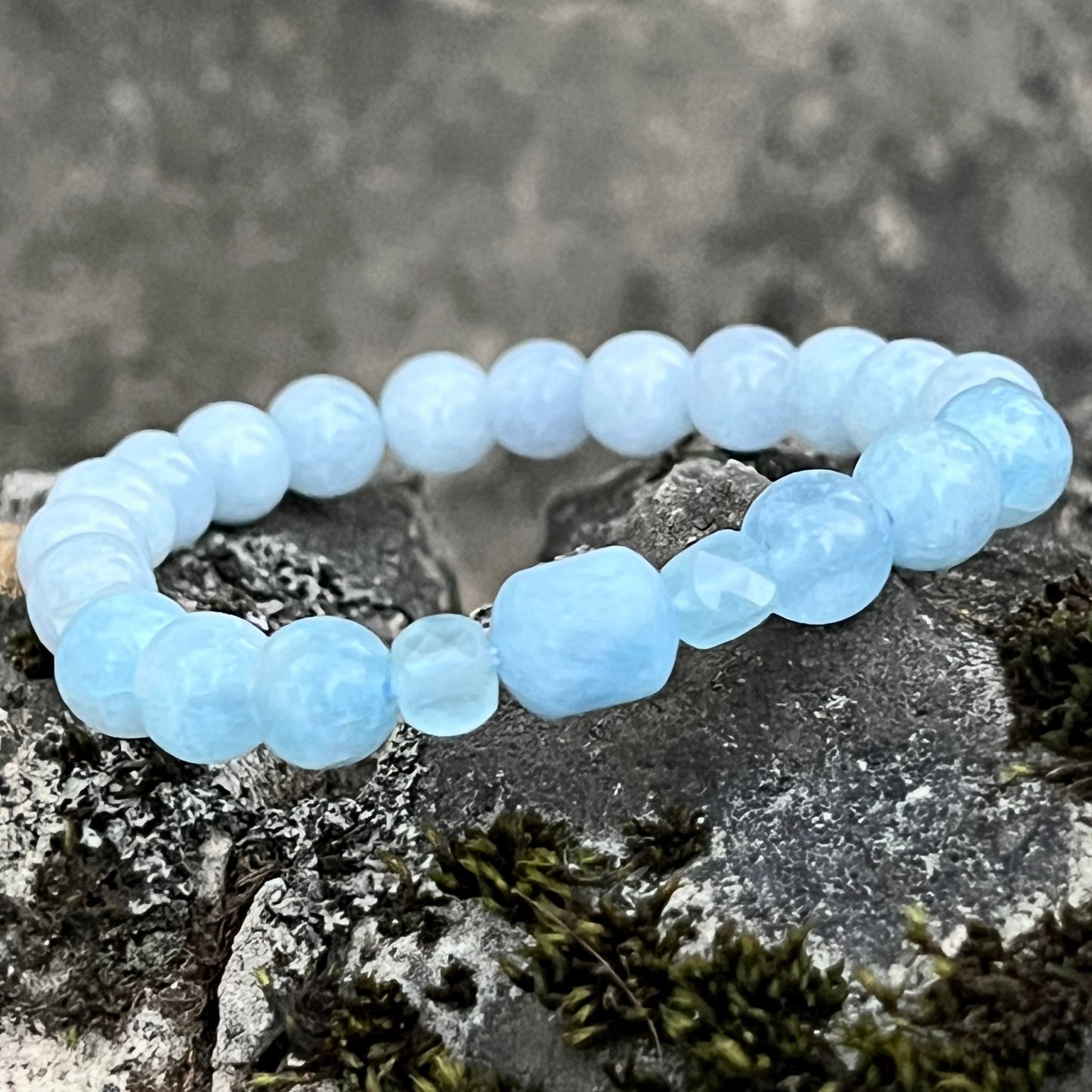 Aquamarine Trio Natural Gemstone Beaded Bracelet, Serenity + Communication, March Birthstone, Bohemian Style, Stackable