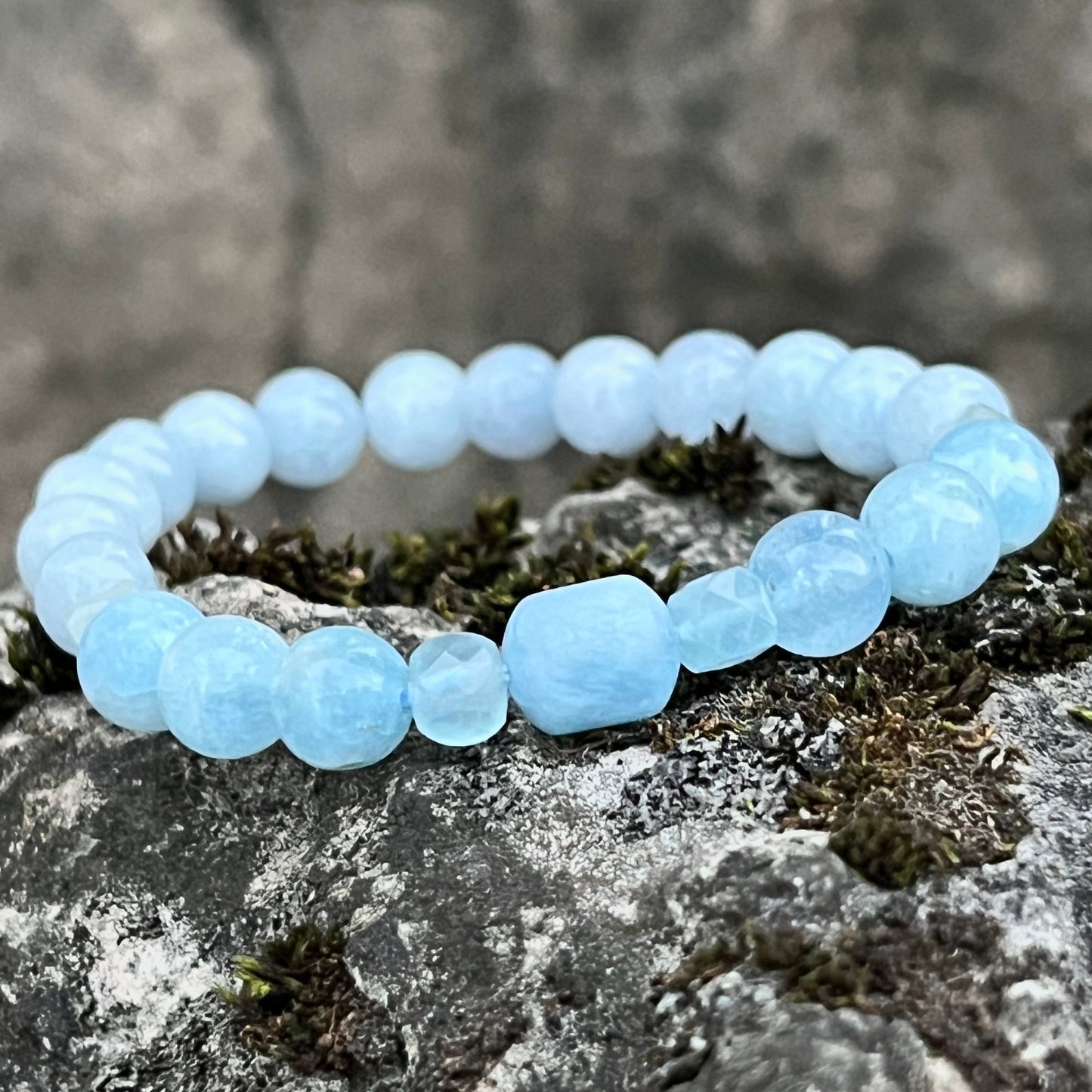 Aquamarine Trio Natural Gemstone Beaded Bracelet, Serenity + Communication, March Birthstone, Bohemian Style, Stackable