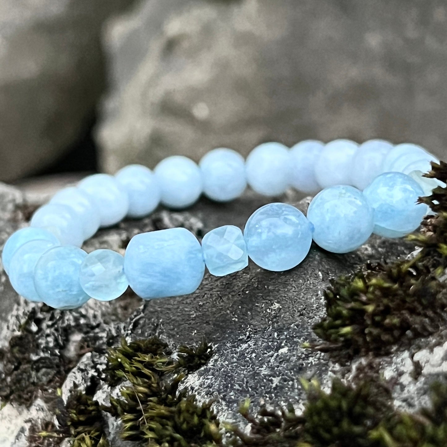 Aquamarine Trio Natural Gemstone Beaded Bracelet, Serenity + Communication, March Birthstone, Bohemian Style, Stackable