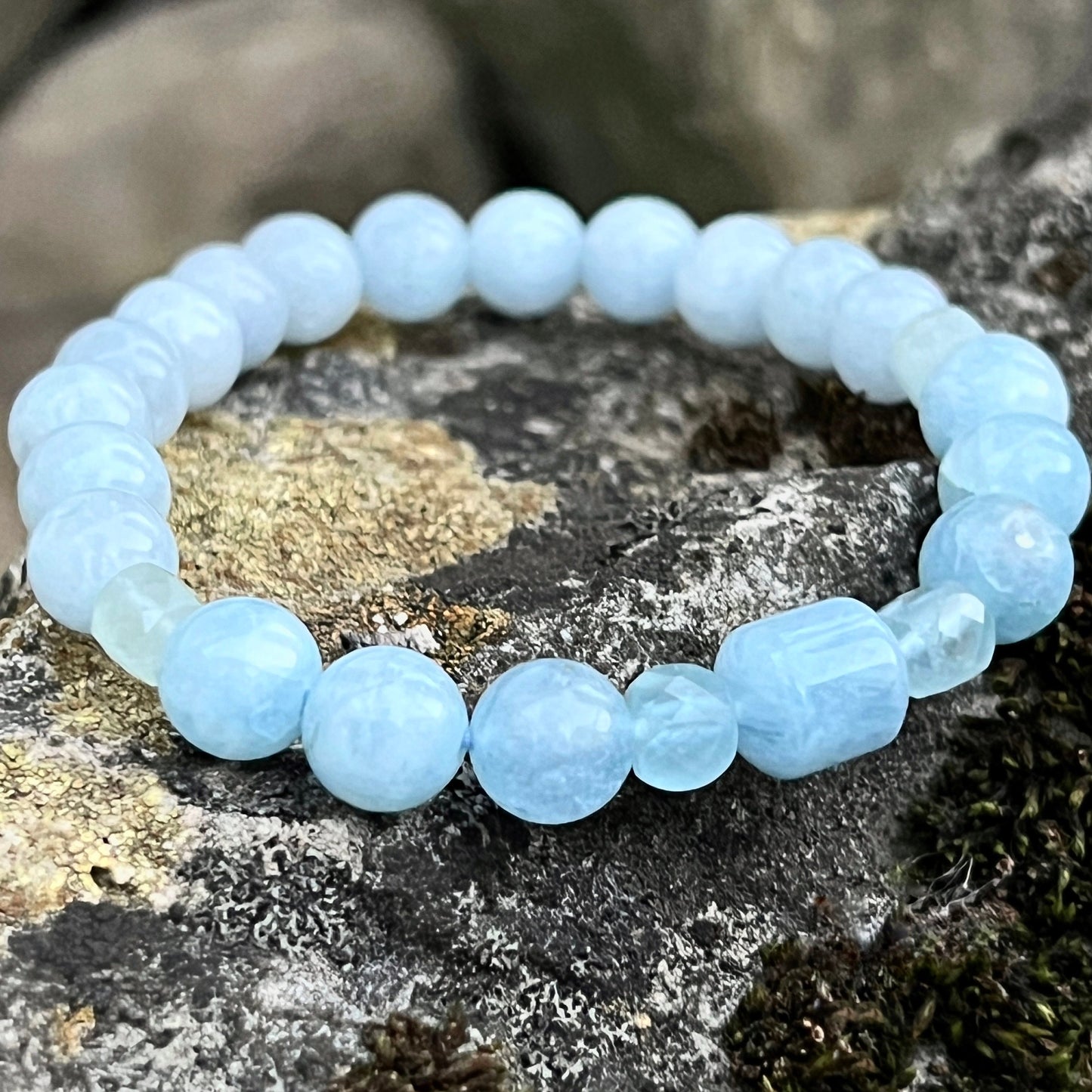 Aquamarine Trio Natural Gemstone Beaded Bracelet, Serenity + Communication, March Birthstone, Bohemian Style, Stackable