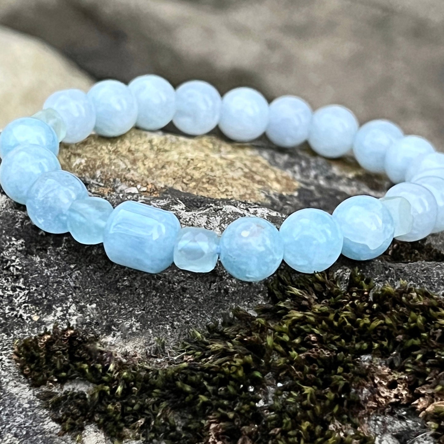 Aquamarine Trio Natural Gemstone Beaded Bracelet, Serenity + Communication, March Birthstone, Bohemian Style, Stackable