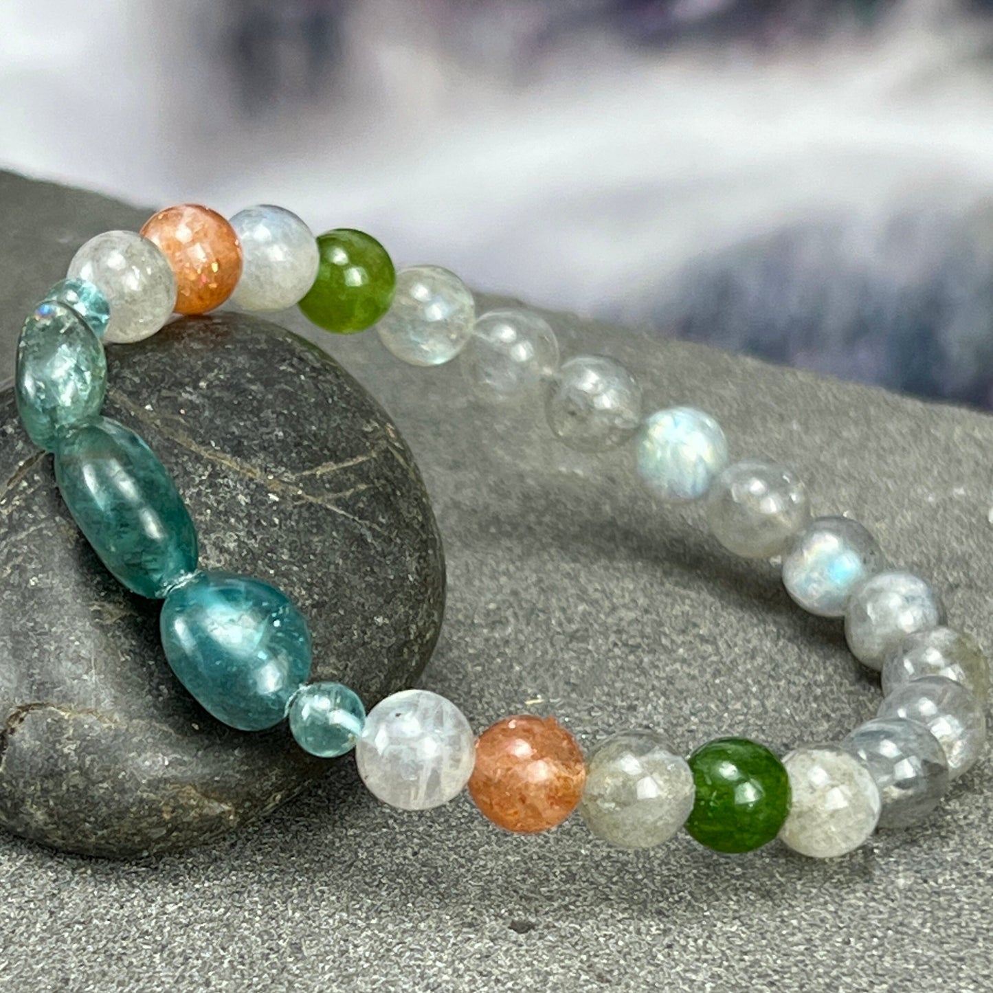 AAA+ Gemstone Beaded Bracelet of Apatite, Sunstone, Tourmaline, and Labradorite. Unisex. Natural Accessories