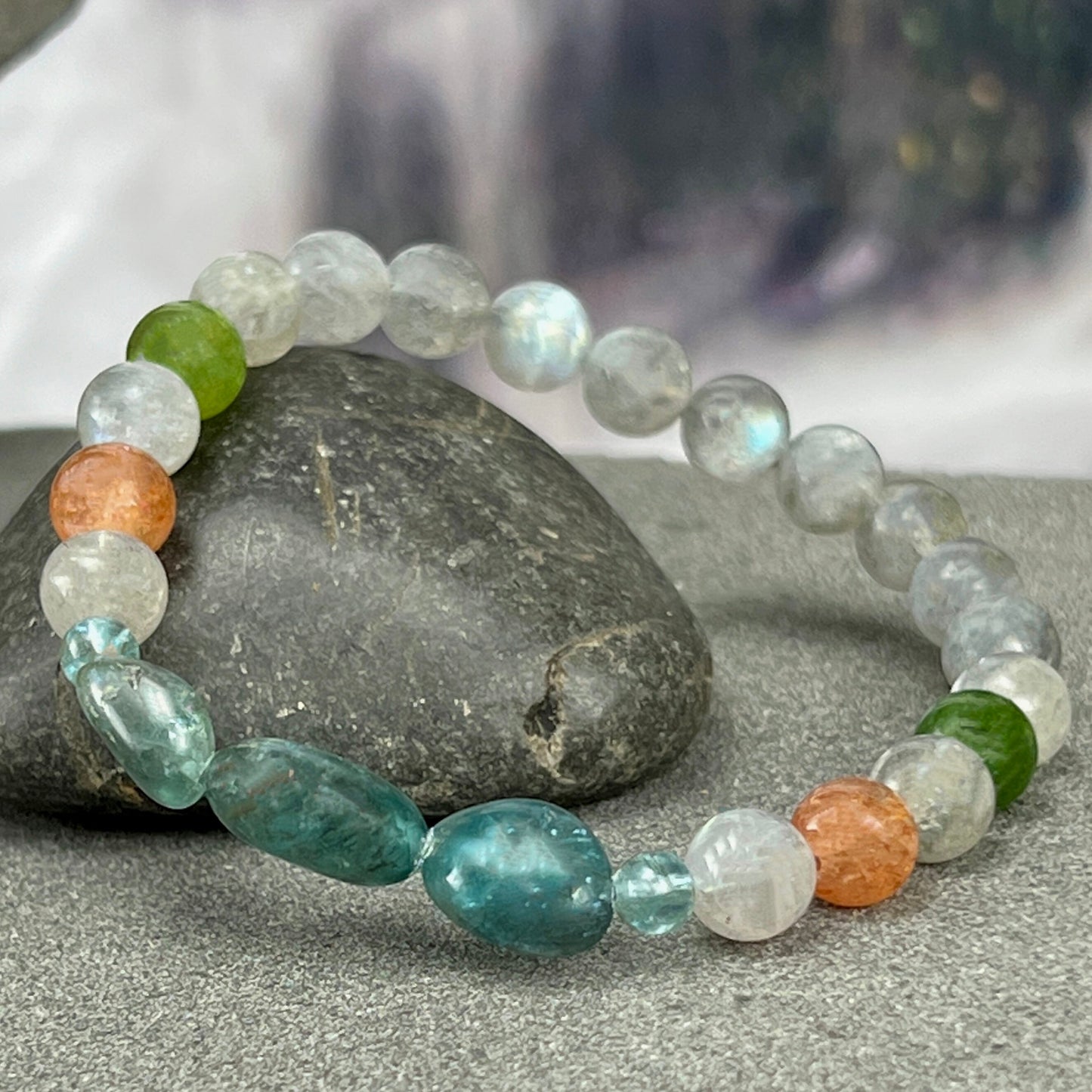 AAA+ Gemstone Beaded Bracelet of Apatite, Sunstone, Tourmaline, and Labradorite. Unisex. Natural Accessories