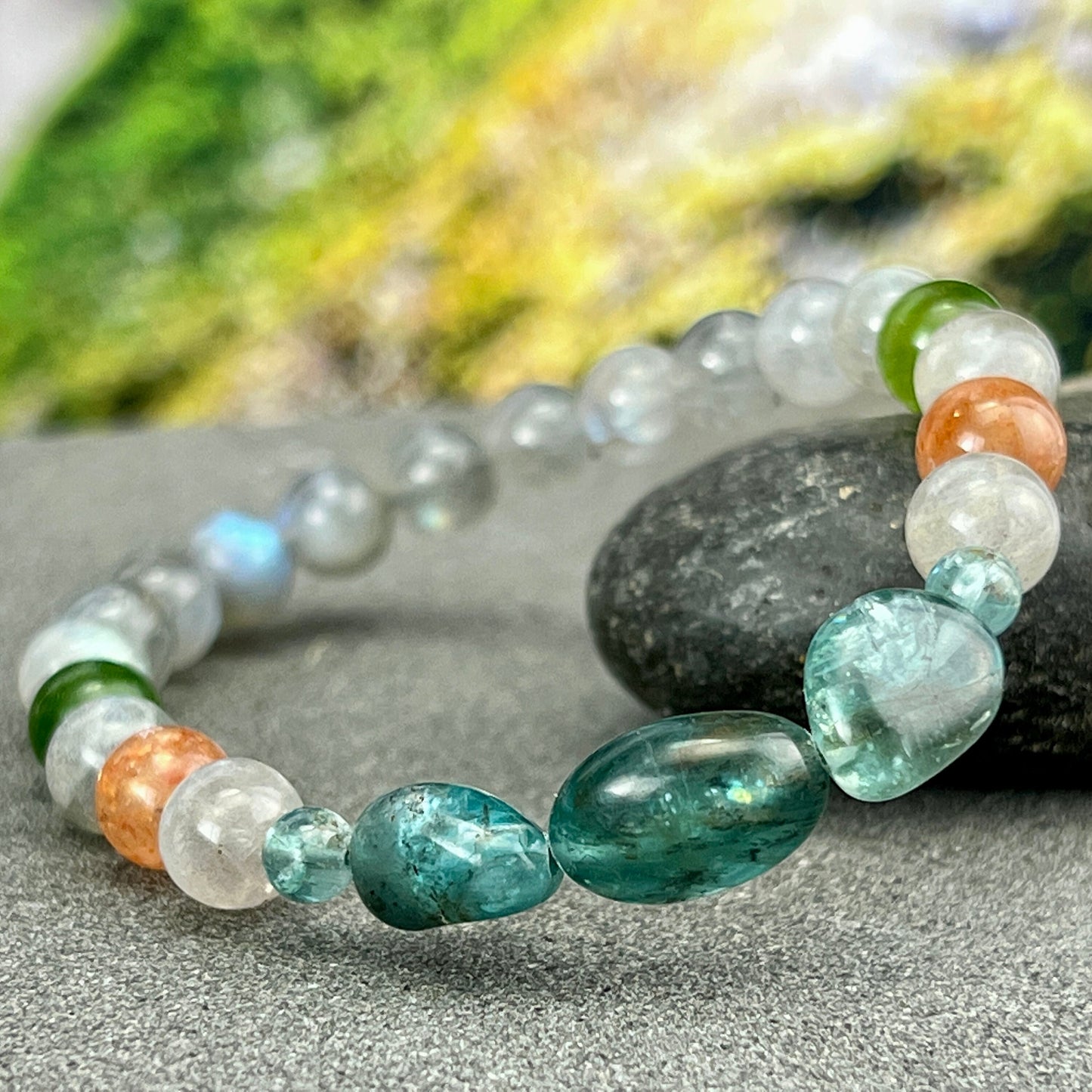 AAA+ Gemstone Beaded Bracelet of Apatite, Sunstone, Tourmaline, and Labradorite. Unisex. Natural Accessories