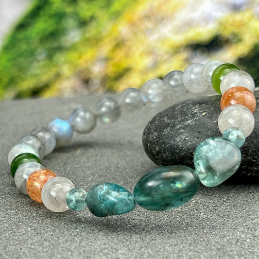 AAA+ Gemstone Beaded Bracelet of Apatite, Sunstone, Tourmaline, and Labradorite. Unisex. Natural Accessories