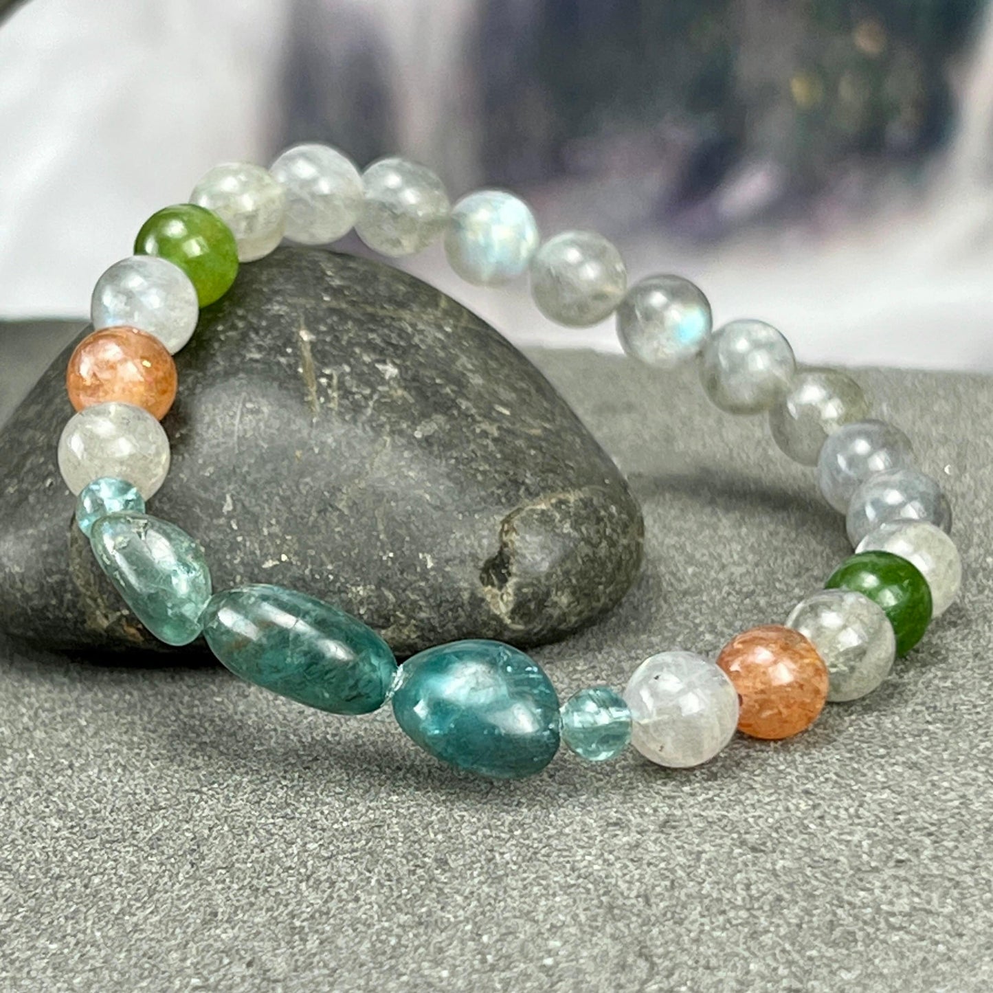 AAA+ Gemstone Beaded Bracelet of Apatite, Sunstone, Tourmaline, and Labradorite. Unisex. Natural Accessories