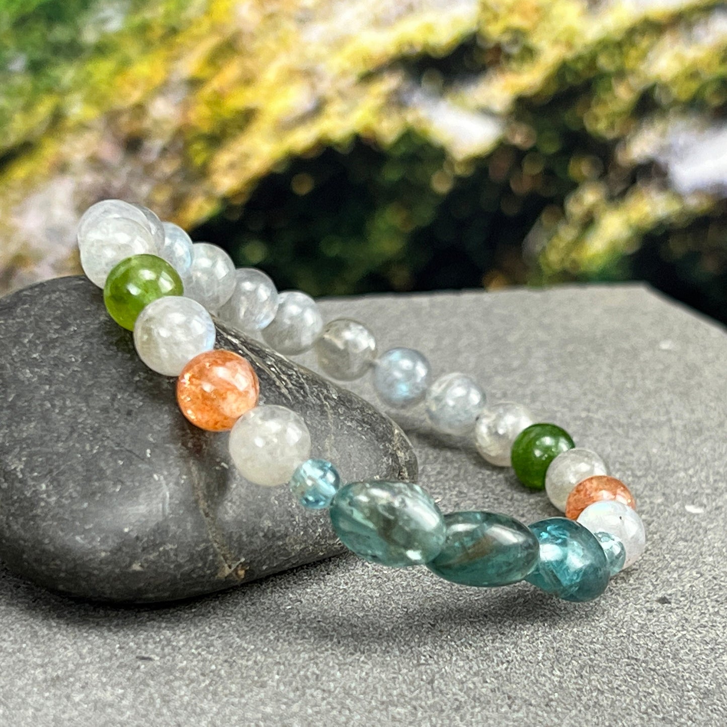 AAA+ Gemstone Beaded Bracelet of Apatite, Sunstone, Tourmaline, and Labradorite. Unisex. Natural Accessories