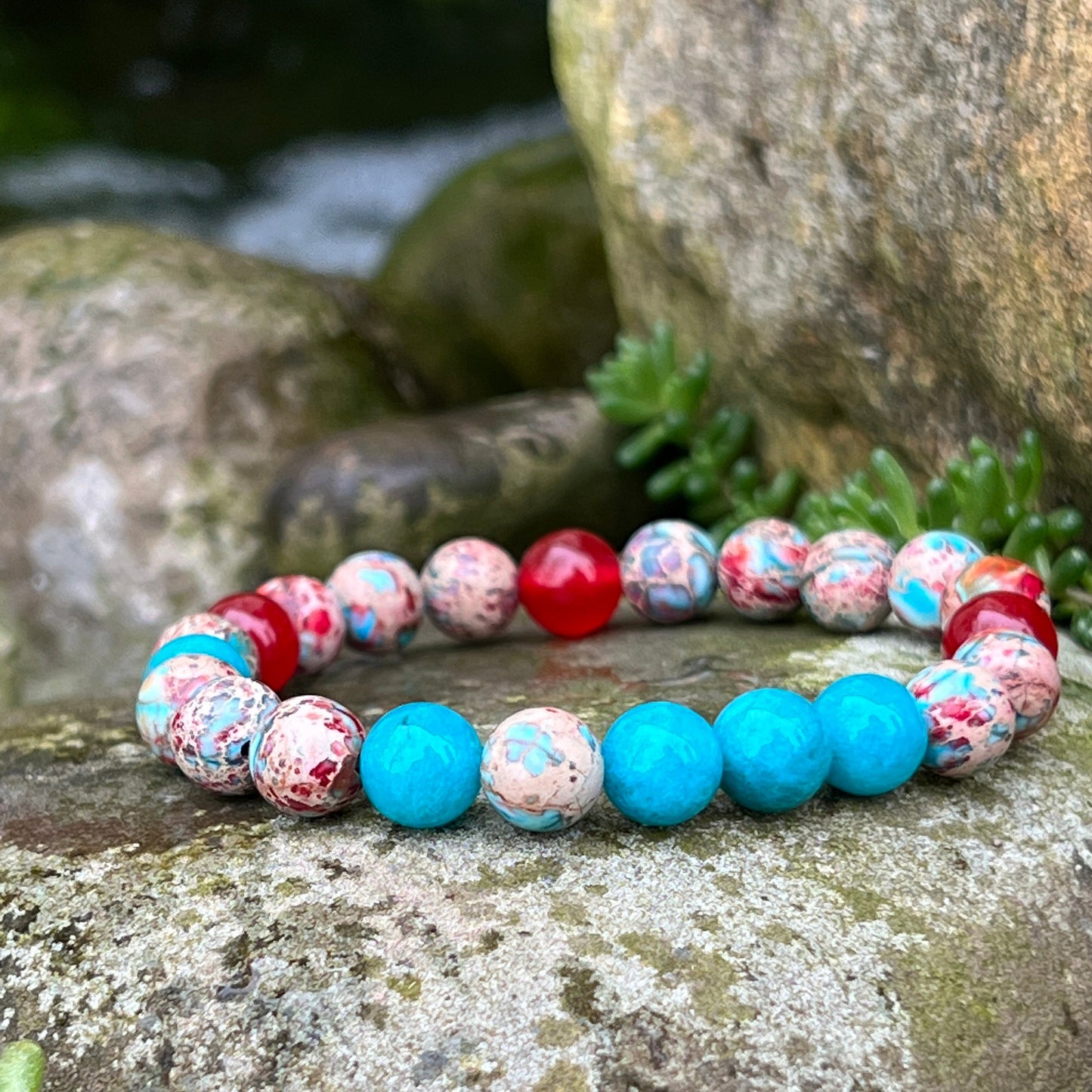 Creativity +  Focus Jade & Imperial Sea Sediment Jasper Gemstone Beaded Bracelet, Color Therapy, Aegean Style, Wrist Mala, Stackable